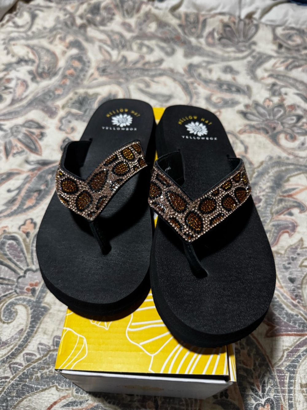 Yellow Box Black Jeweled Leopard-Accent Flip Flops